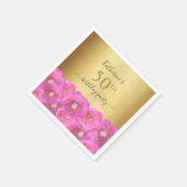 Chic Pink Rose Floral Gold 50th Birthday Party Serviette (Ecke)