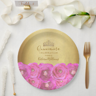 Chic Pink Rose Floral Gold Crown Quinceañera Pappteller