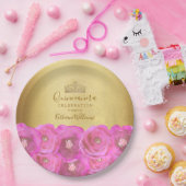 Chic Pink Rose Floral Gold Crown Quinceañera Pappteller (Party)