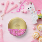 Chic Pink Rose Floral Gold Crown Quinceañera Pappteller (Party)