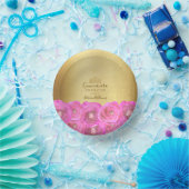 Chic Pink Rose Floral Gold Crown Quinceañera Pappteller (Party)