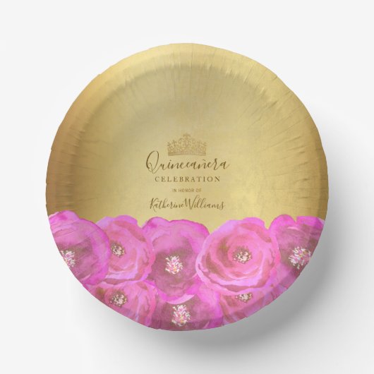 Chic Pink Rose Floral Gold Crown Quinceañera Pappteller (Vorderseite)