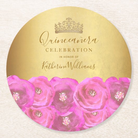 Chic Pink Rose Floral Gold Crown Quinceañera Runder Pappuntersetzer (Vorderseite)