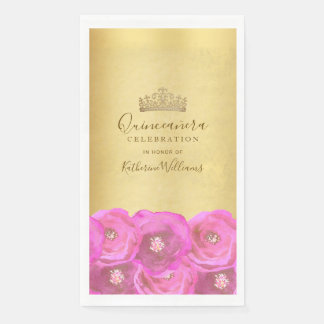 Chic Pink Rose Floral Gold Crown Quinceañera Serviette
