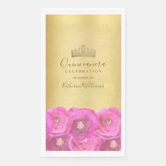 Chic Pink Rose Floral Gold Crown Quinceañera Serviette (Vorderseite)