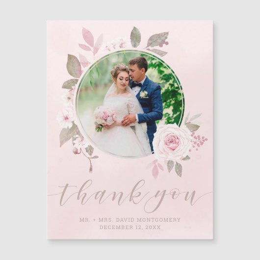 Chic Pink Rose Floral Wedding Foto Vielen Dank Magnetkarte (Vorderseite)