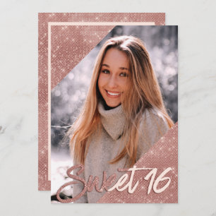 Chic Pink Rose Gold Glitzer Border Foto Sweet 16 Einladung