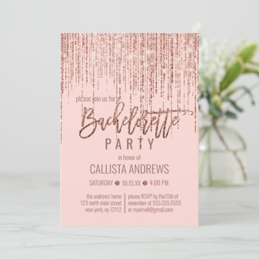 Chic Pink Rose Gold Glitzer Fringe Bachelorette Einladung (Stehend Vorderseite)