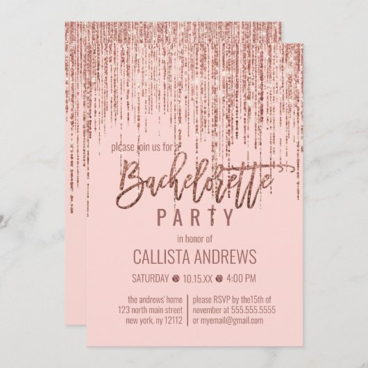 Chic Pink Rose Gold Glitzer Fringe Bachelorette Einladung (Vorne/Hinten)