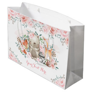 Chic Pink Rose Woodland Animals Baby Girl Geburtst Große Geschenktüte