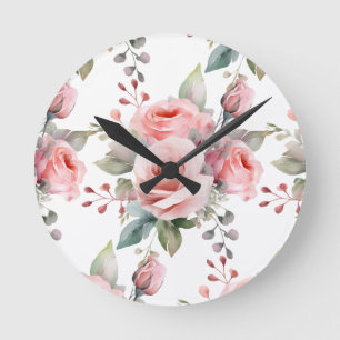 Chic Pink Roses Blume Blumenuhr Runde Wanduhr