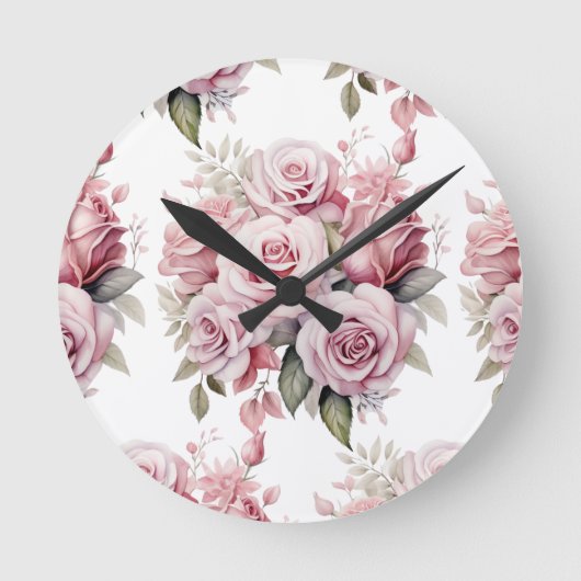 Chic Pink Roses Blume Blumenuhr Runde Wanduhr (Vorderseite)