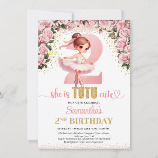 Chic pink roses gold ballerina Mädchen 2. Geburtst Einladung