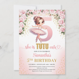 Chic pink roses gold ballerina Mädchen 5. Geburtst Einladung