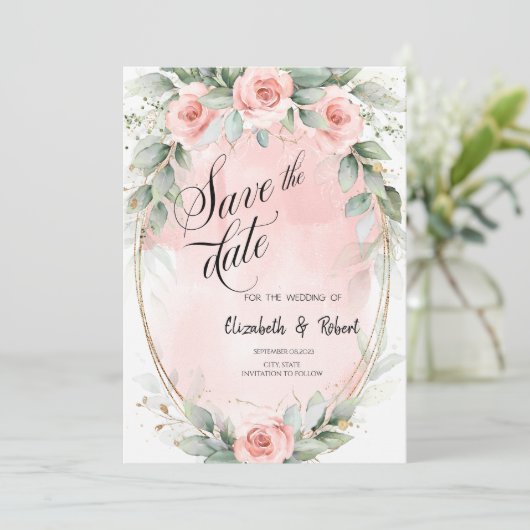 Chic Pink Roses Gold Frame Save the Date (Stehend Vorderseite)