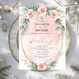 Chic Pink Roses Gold Frame Wedding Einladung