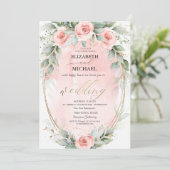 Chic Pink Roses Gold Frame Wedding Einladung (Stehend Vorderseite)