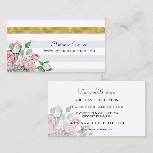 Chic Pink Roses Imitate Gold Strip Interieur Visitenkarte (Vorne/Hinten)