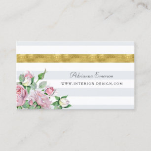 Chic Pink Roses Imitate Gold Strip Interieur Visitenkarte