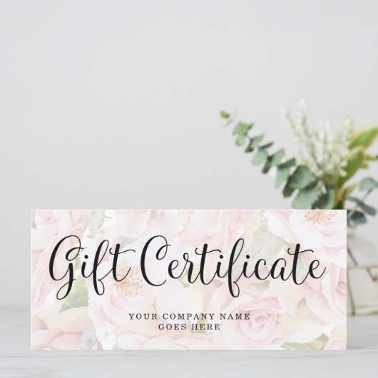 Chic Pink Roses und Trendy Script Geschenkzertifik (Stehend Vorderseite)
