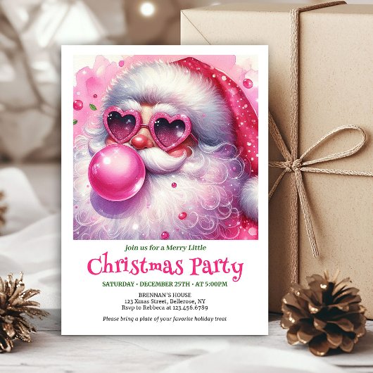 Chic pink santa bubble gum watercolor Christmas Einladung