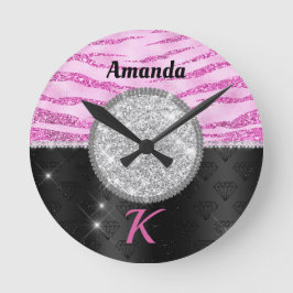 Chic pink schwarze Imitate Glitzer Runde Wanduhr