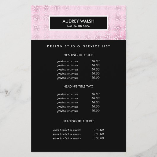 Chic Pink Sequin Black Salon Pricing & bServices Flyer (Vorne)