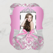 Chic Pink Silver Bow & Rose Foto Quinceanera Einladung (Vorne/Hinten)