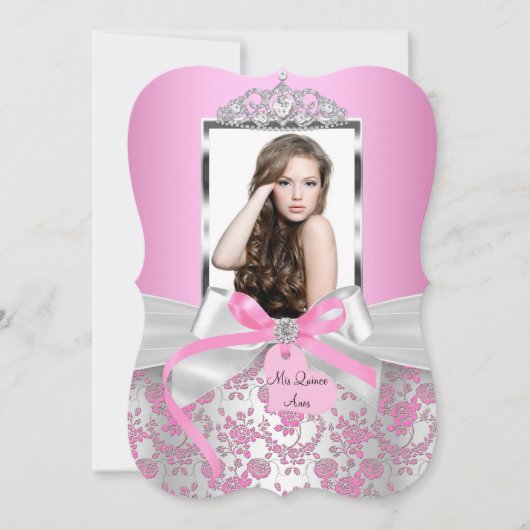 Chic Pink Silver Bow & Rose Foto Quinceanera Einladung (Vorderseite)