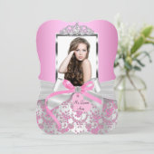 Chic Pink Silver Bow & Rose Foto Quinceanera Einladung (Stehend Vorderseite)