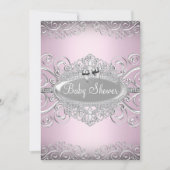 Chic Pink & Silver Damask Princess Baby Dusche Einladung (Vorderseite)