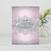 Chic Pink & Silver Damask Princess Baby Dusche Einladung (Stehend Vorderseite)