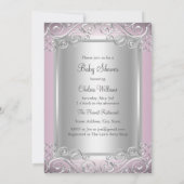 Chic Pink & Silver Damask Princess Baby Dusche Einladung (Rückseite)