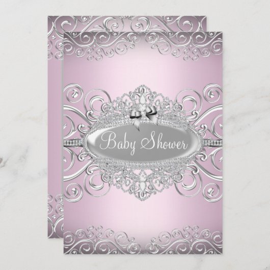 Chic Pink & Silver Damask Princess Baby Dusche Einladung (Vorne/Hinten)