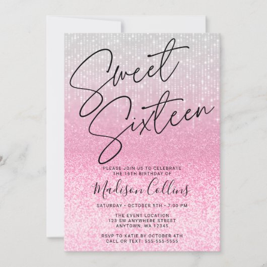 Chic Pink Silver Glitzer Sweet 16 Einladung (Vorderseite)
