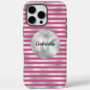 Chic Pink Silver Stripes Monogramm iPhone 16 Pro Max Hülle
