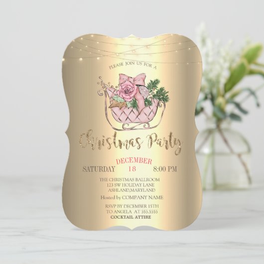 Chic Pink Sleigh, String Lights Gold Einladung (Stehend Vorderseite)