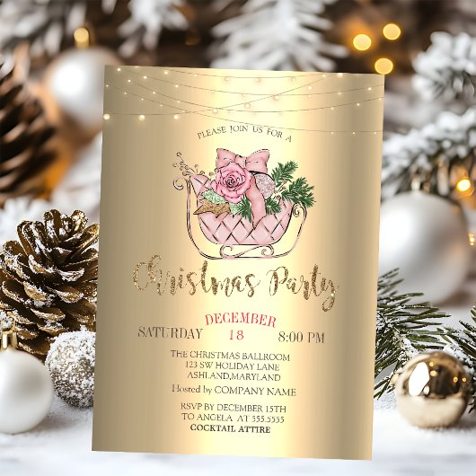Chic Pink Sleigh, String Lights Gold Einladung