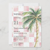 Chic Pink Squares Gold Palm Tree Geburtstag Einladung (Vorderseite)
