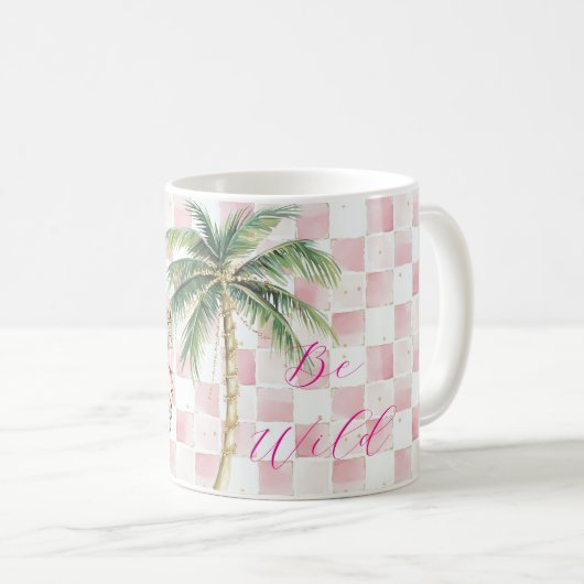 Chic Pink Squares Gold Palm Tree Leopard Kaffeetasse (VorderseiteRechts)