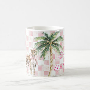 Chic Pink Squares Gold Palm Tree Leopard Kaffeetasse