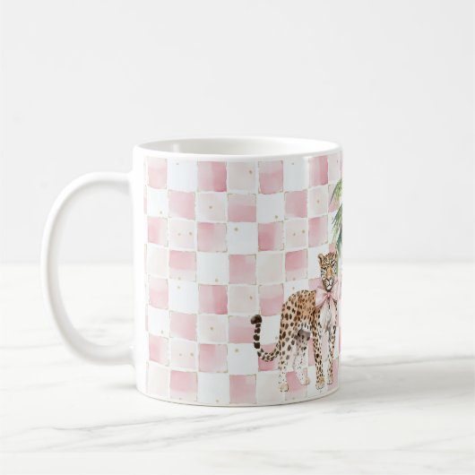Chic Pink Squares Gold Palm Tree Leopard Kaffeetasse (Links)