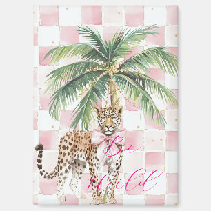 Chic Pink Squares Gold Palm Tree Leopard Magnet