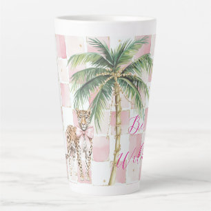Chic Pink Squares Gold Palm Tree Leopard Milchtasse