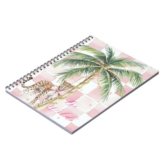 Chic Pink Squares Gold Palm Tree Leopard Notizblock (Linke Seite)