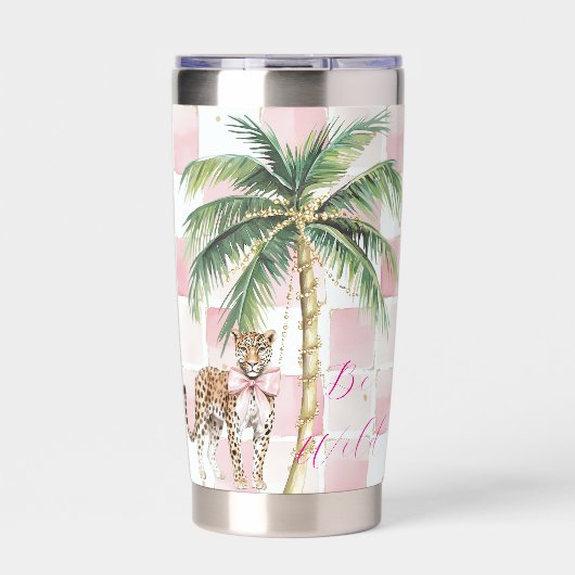 Chic Pink Squares Gold Palm Tree Leopard Thermobecher (Vorderseite)