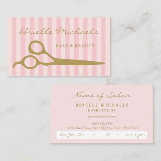Chic Pink Stripes Gold Schere Haare Ernennung Terminkarte (Vorne/Hinten)