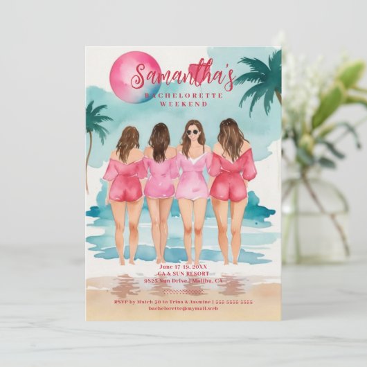Chic Pink Tropical Landscape Brunettes Girl Einladung (Stehend Vorderseite)