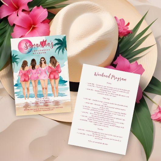 Chic Pink Tropical Landscape Brunettes Girl Einladung