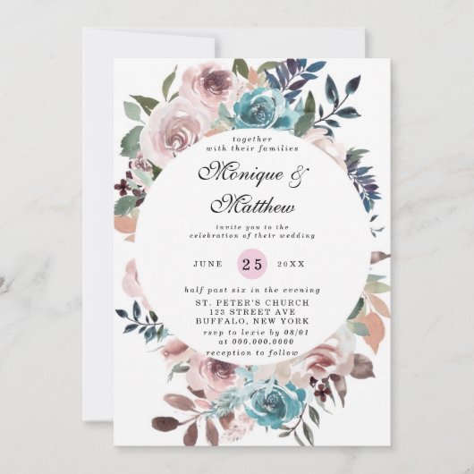 Chic Pink und Aquamarine Peony Wedding Einladung (Vorderseite)